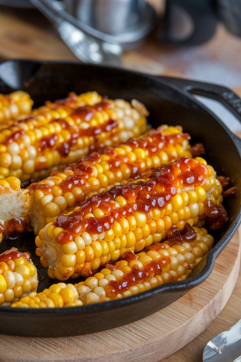 Indoor stovetop photo of kernels of sweet corn coated in a shiny whiskey-brown sugar glaze, served in a cast-iron skillet. No text or logos.