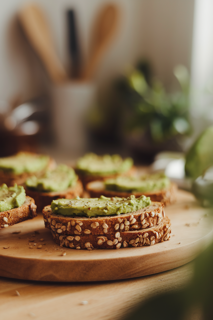 A softly lit indoor bread board holding several slices of sprouted whole-grain toast with a light smear of avocado, no brand names or logos.