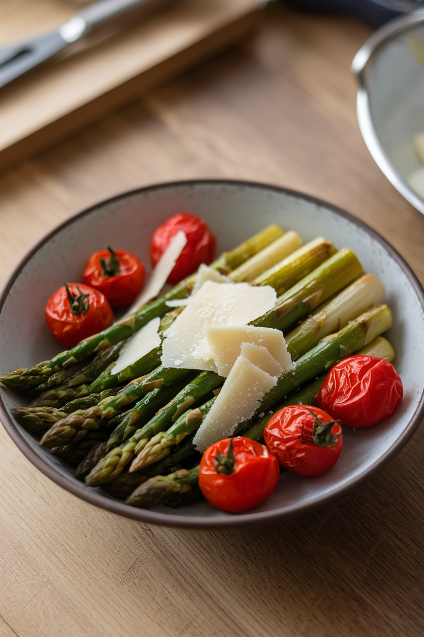 An indoor table with a shallow bowl of roasted asparagus spears and blistered red cherry tomatoes, sprinkled with shaved Parmesan. No logos or text; photo only.