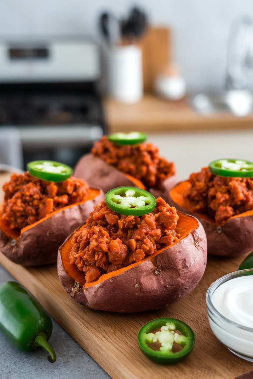 Indoor photo of split baked sweet potatoes overflowing with chunky turkey chili, garnished with thinly sliced jalapeños, no text or logos.