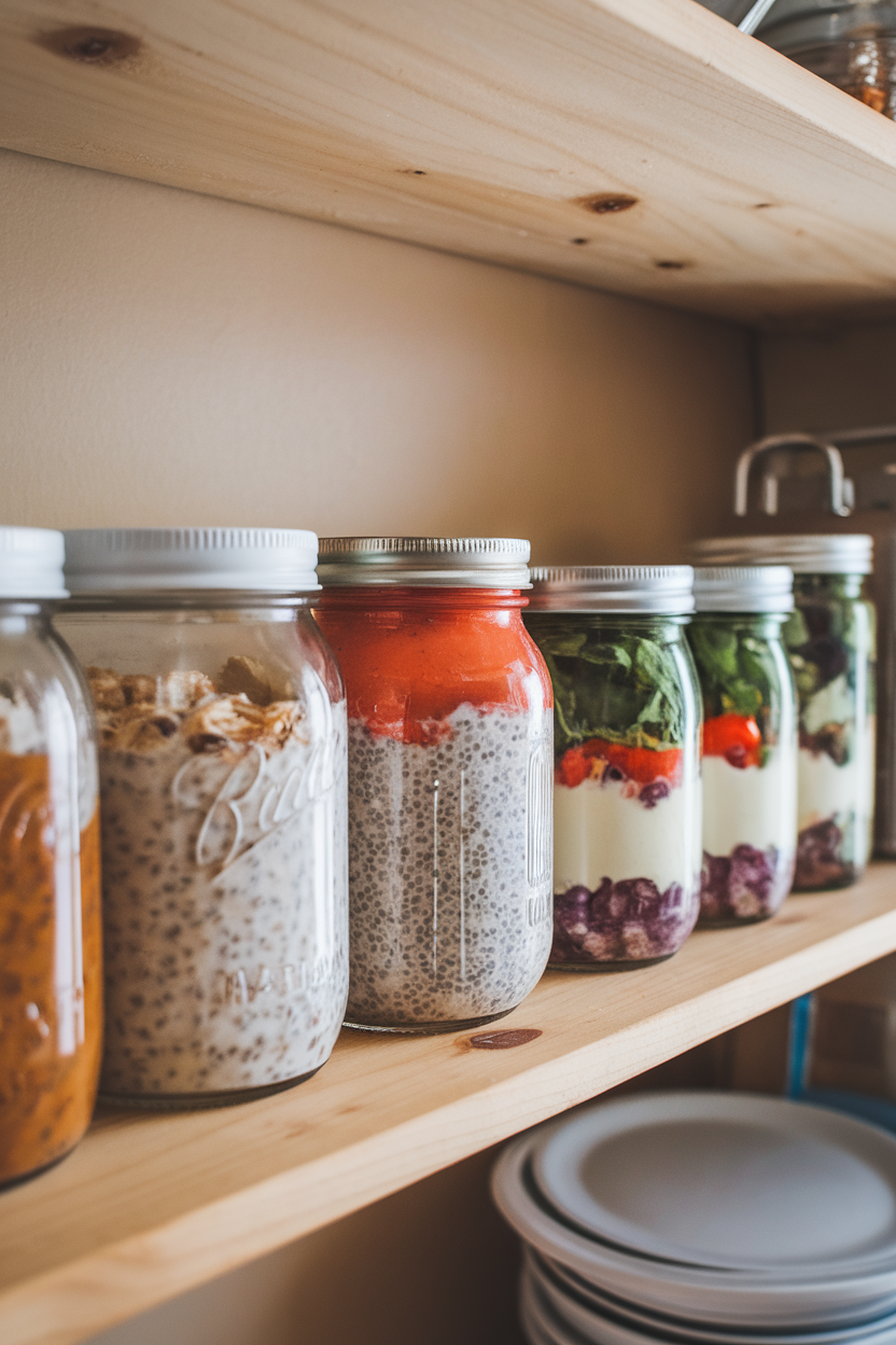 Indoor kitchen shelf lined with mason jars of overnight oats, chia pudding, and layered salads, no text on jars.