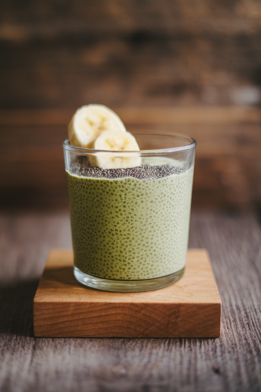 Indoor kitchen table with glass cups of green matcha chia pudding topped with sliced banana. No text or logos present.