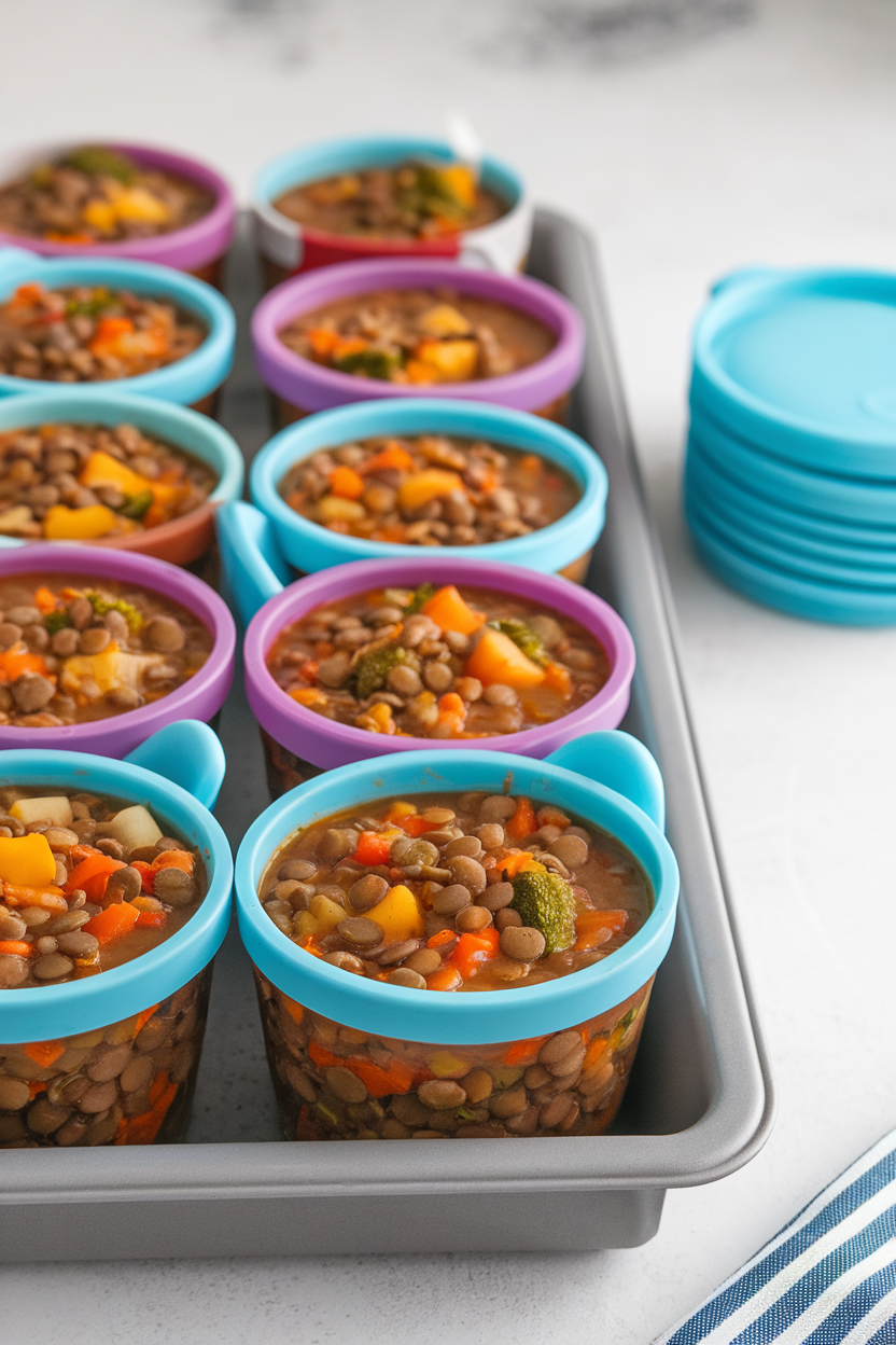 Indoor photo of portioned silicone freezer cups filled with colorful lentil vegetable soup, lids stacked nearby. No text or logos.