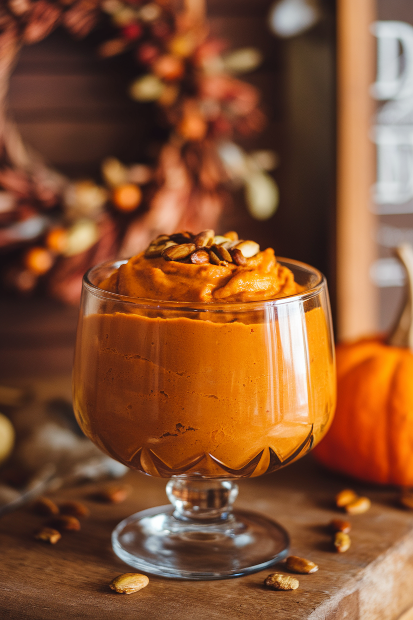 An indoor glass bowl of thick pumpkin pudding topped with pepitas—no text or logos; photo, not illustration