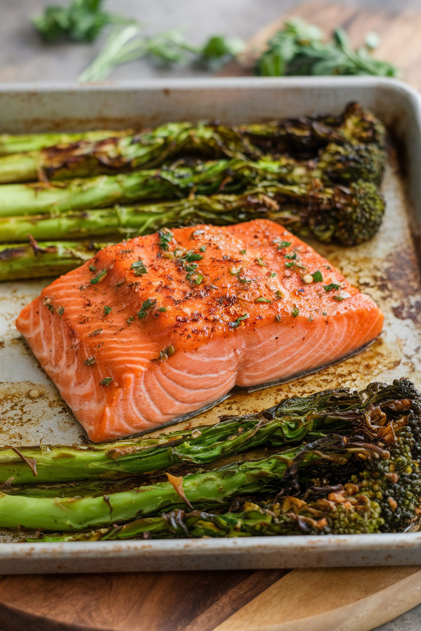 Indoor photo of honey-mustard glazed salmon fillet with charred broccolini on a sheet pan. No text or logos.