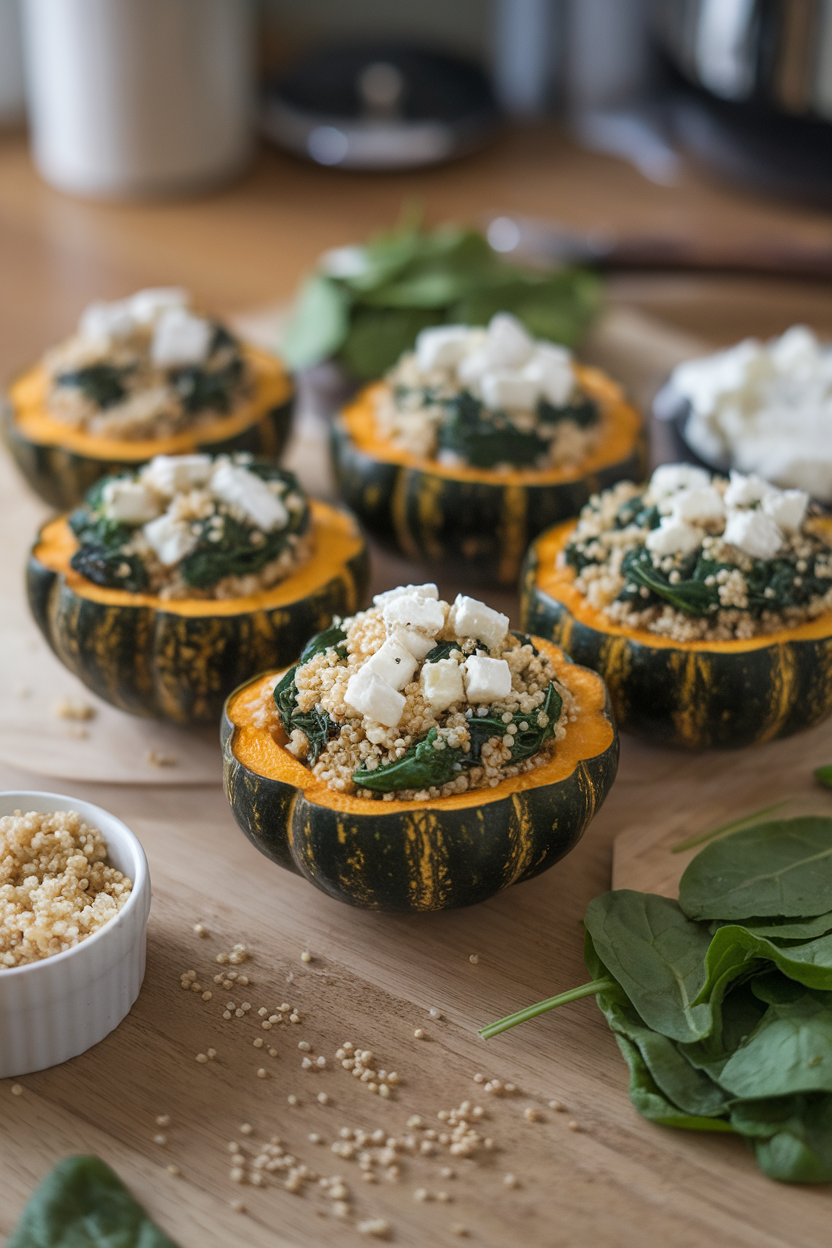 Indoor shot of acorn squash halves filled with spinach, feta, and quinoa, crisp tops, no text or logos.