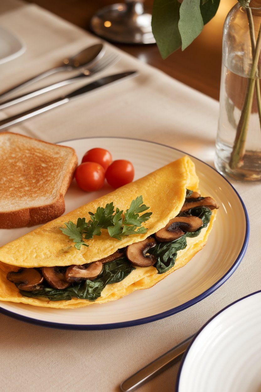 An indoor brunch table showing a folded omelet filled with sautéed mushrooms and wilted spinach, garnished with parsley. Photo, no text or logos.