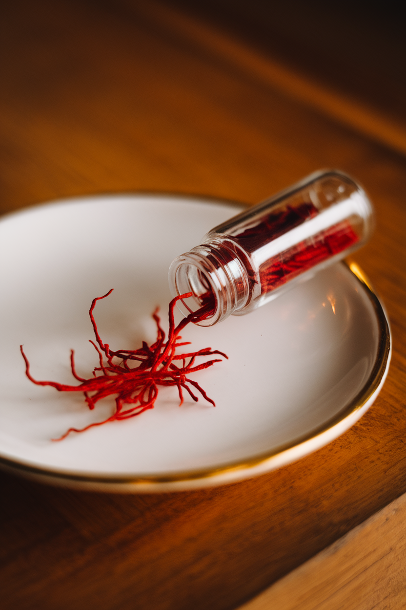 A tiny glass vial tipped softly to spill a few crimson saffron threads onto a white saucer indoors, no text or logos, photo.