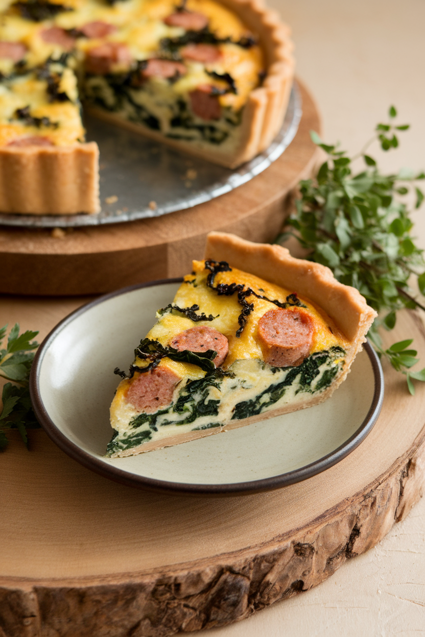 An indoor brunch scene showing a slice of quiche with visible kale ribbons and turkey sausage pieces, set on a small plate. No text or logos. Photo only.