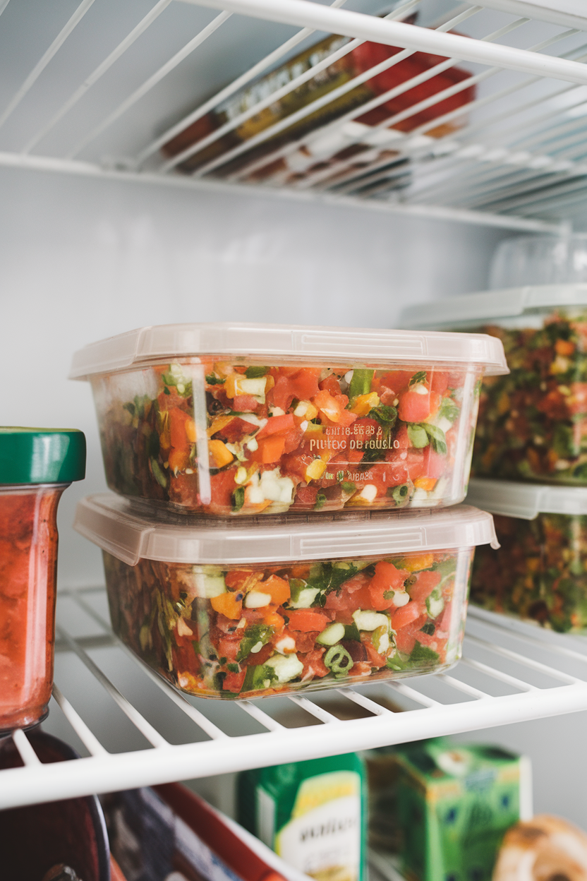 Photo, indoor fridge shelf showing a deli container of pico de gallo, vibrant colors visible, no logos.
