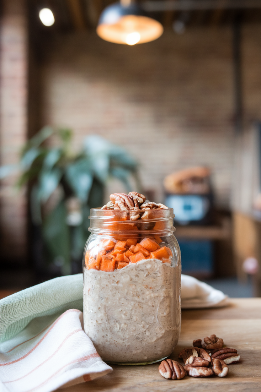 Indoor jar filled with carrot-flecked overnight oats, topped with chopped pecans. No text or logos. Photo.