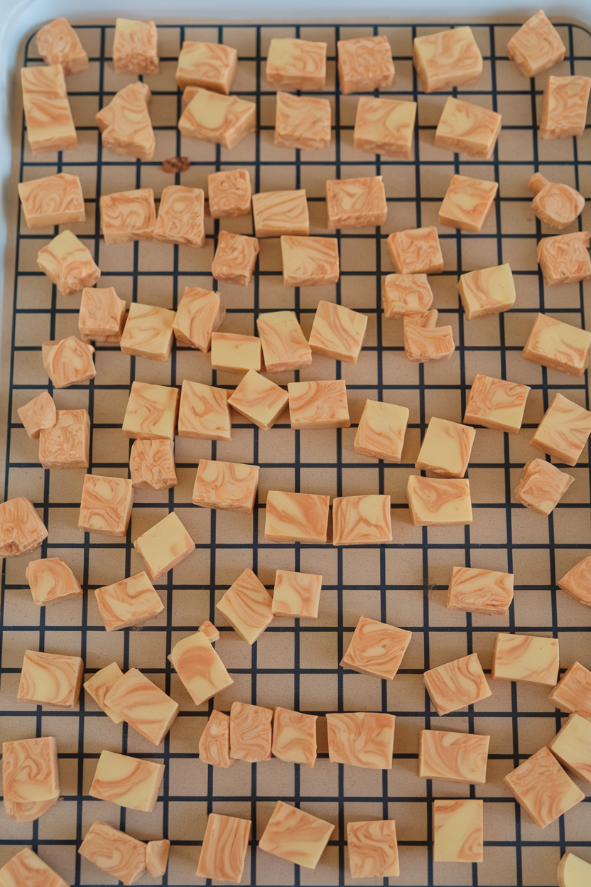 An indoor marble board with square pieces of marbled orange and beige fudge—no text or logos; photo, not illustration