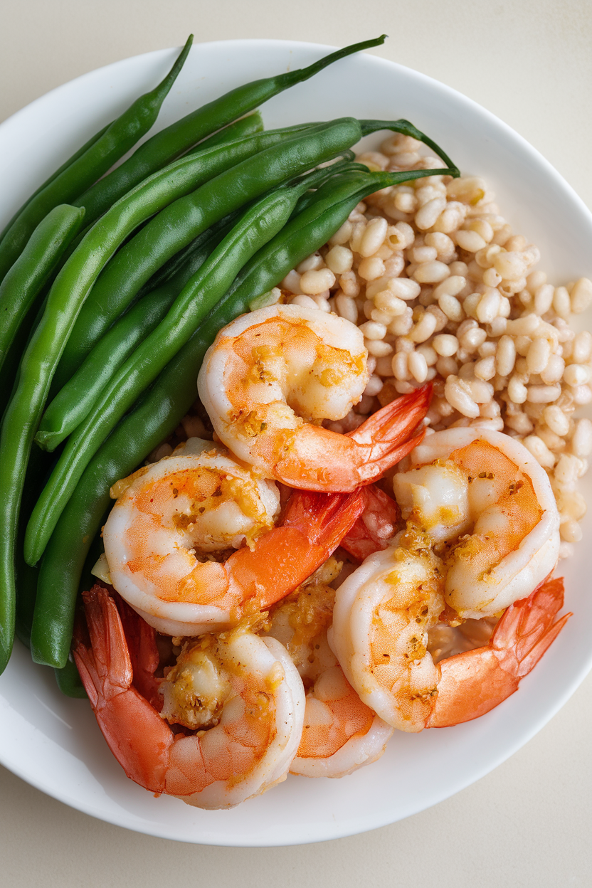 Indoor photo of cooked garlic shrimp beside pearly barley and vibrant steamed green beans on a simple white plate. No text or logos.