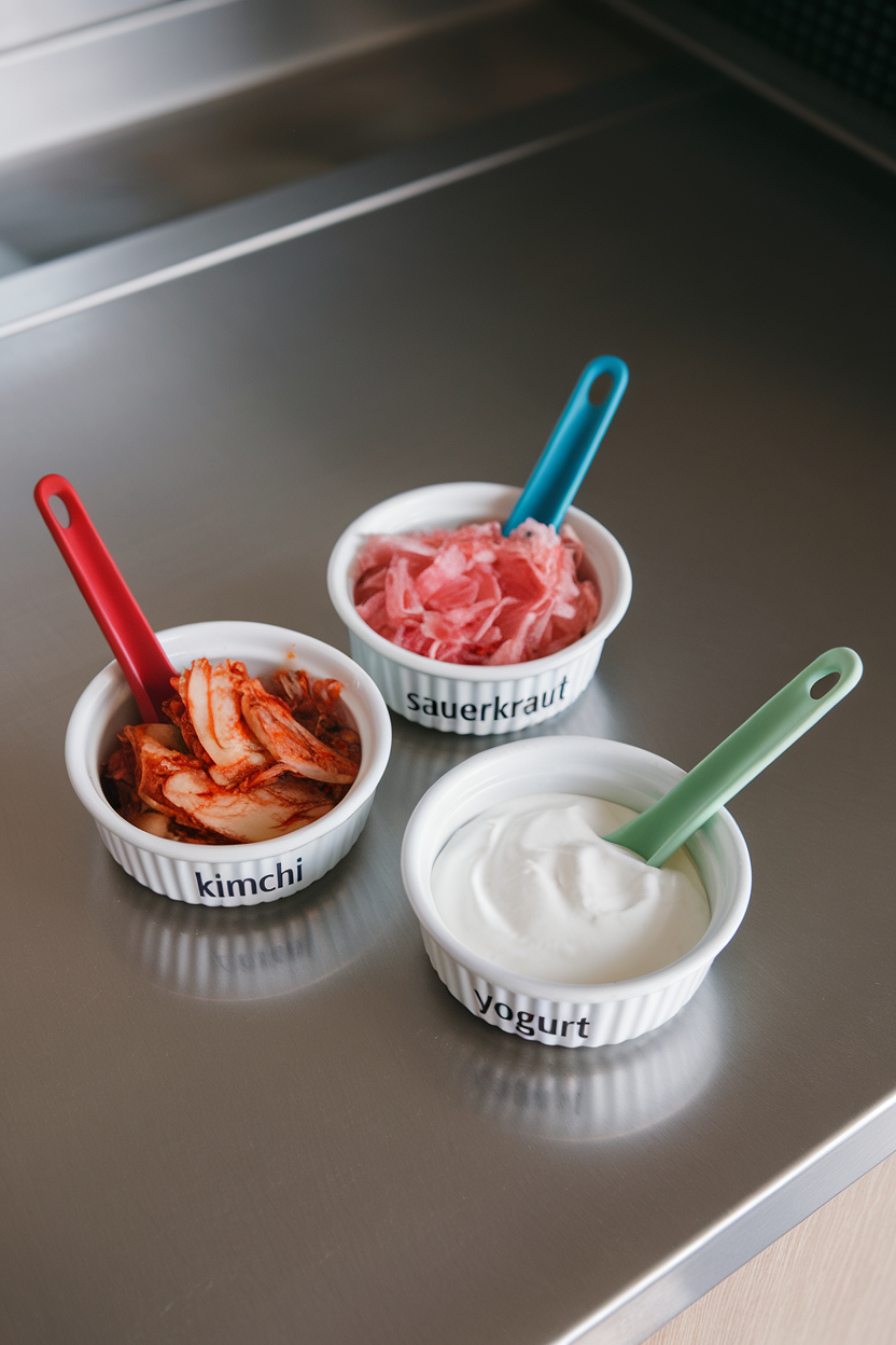 Photo prompt: An indoor countertop with small bowls of kimchi, sauerkraut, and plain yogurt, each labeled only by color-coded spoons, no text or brand labels.
