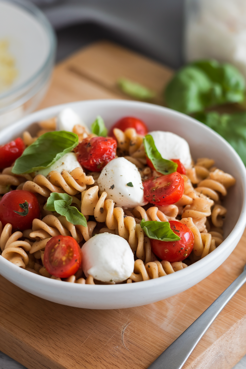 Indoor serving bowl of whole-grain rotini tossed with cherry tomatoes, mozzarella pearls, and fresh basil leaves. No text or logos.