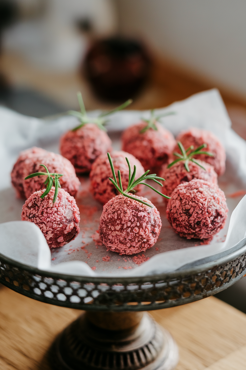 Photo of an indoor serving tray lined with parchment, holding pink-tinged raspberry cacao nib energy balls. No text or logos.
