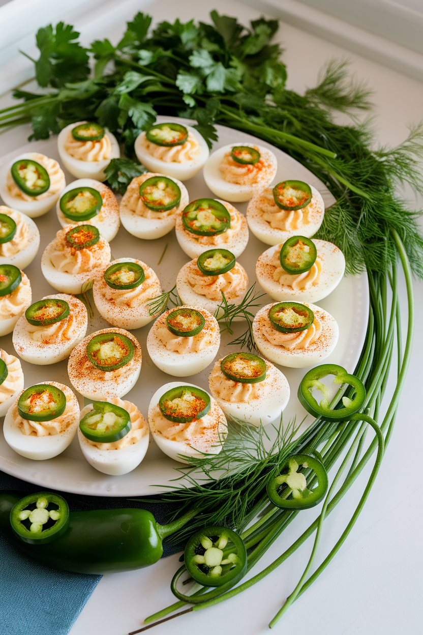 Photo of an indoor platter arranged with halved deviled eggs topped with paprika and thin jalapeño slices, bright overhead lighting; no text or logos.