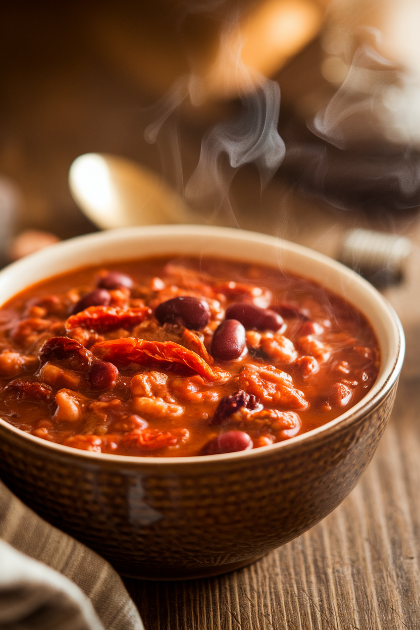 Bowl of hearty turkey chili dotted with sun-dried tomatoes and kidney beans, steam rising, indoor table, no text or logos.