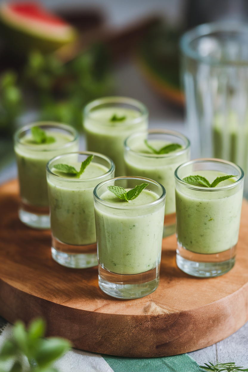 Indoor photo of shot glasses filled with pale green melon-cucumber gazpacho, garnished with a tiny mint leaf. No logos or text in scene.