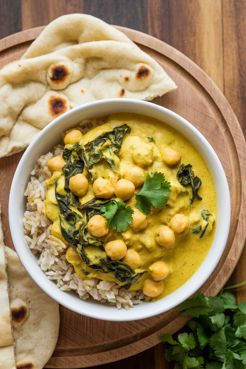 Indoor photo of a bowl of creamy yellow coconut chickpea curry with wilted spinach, served over brown rice. No text or logos.