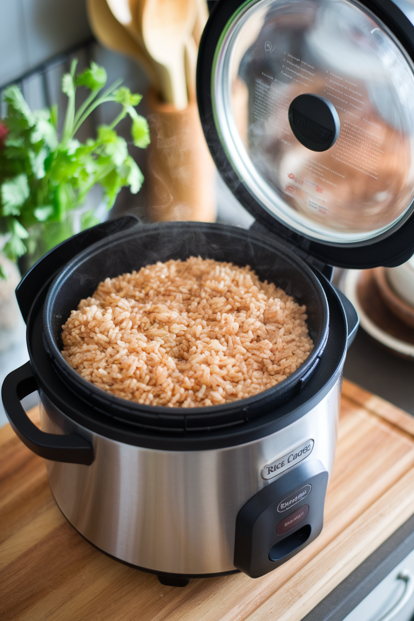 Rice cooker bubbling with brown rice on a countertop, indoor photo, no text or logos