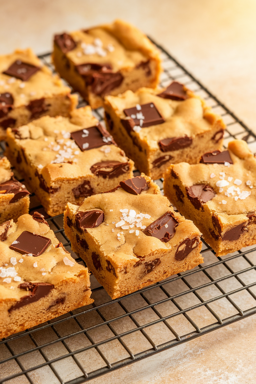 Indoor photo of golden almond butter blondie squares with chocolate chunks on a cooling rack. No text or logos.