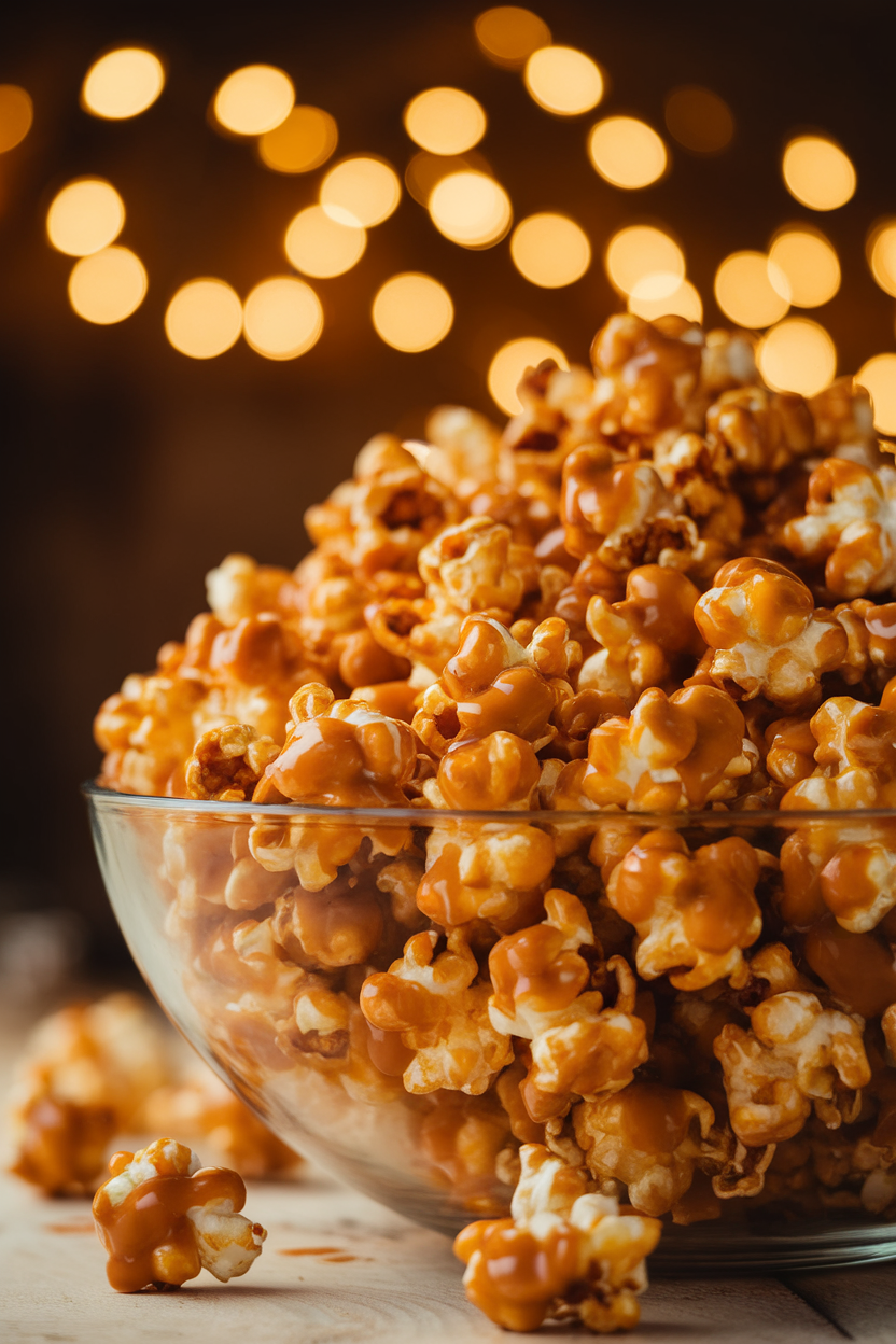 Indoor bowl overflowing with glossy caramel-coated popcorn, festive lights blurred in background. No text or logos. Photo only.