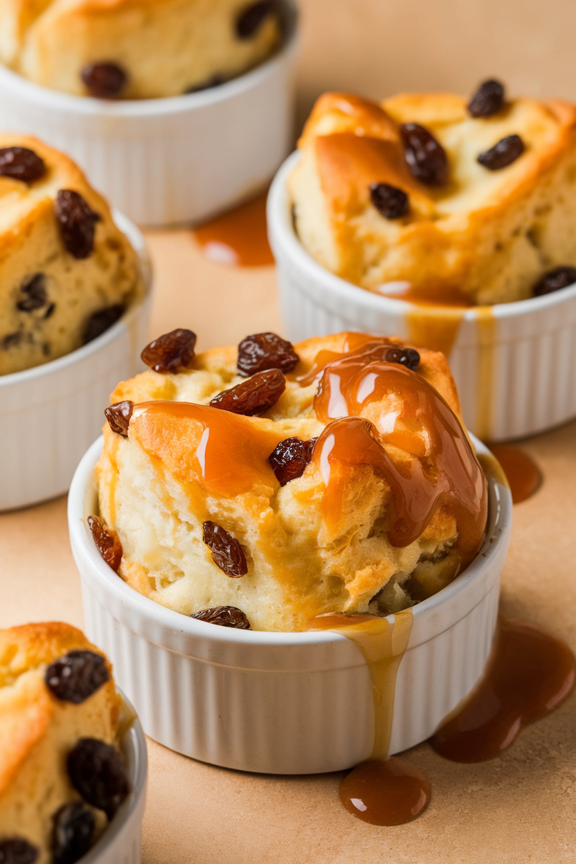 Indoor photo of ramekins filled with golden bread pudding studded with raisins, caramel sauce drizzled over, no text or logos