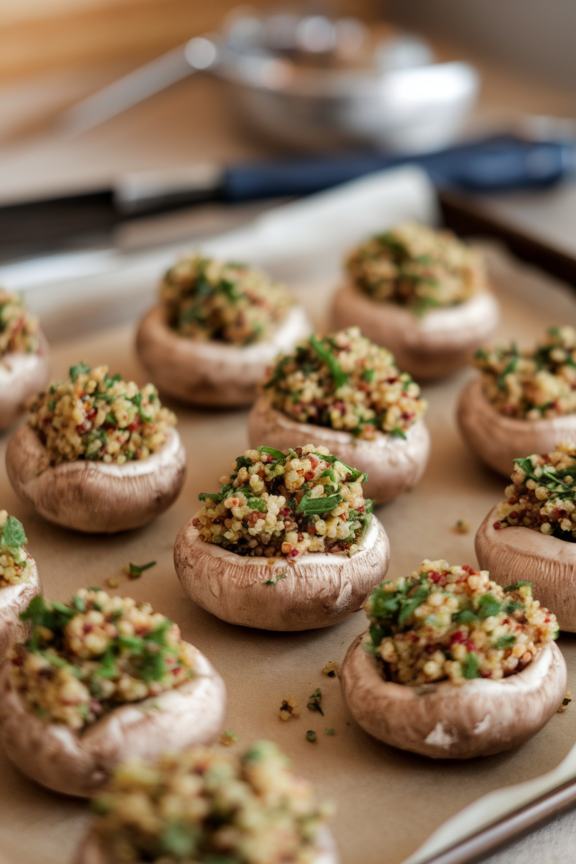 Indoor photo of baby bella mushroom caps overflowing with colorful quinoa and herb mixture, arranged on a parchment-lined baking sheet. No text or logos.