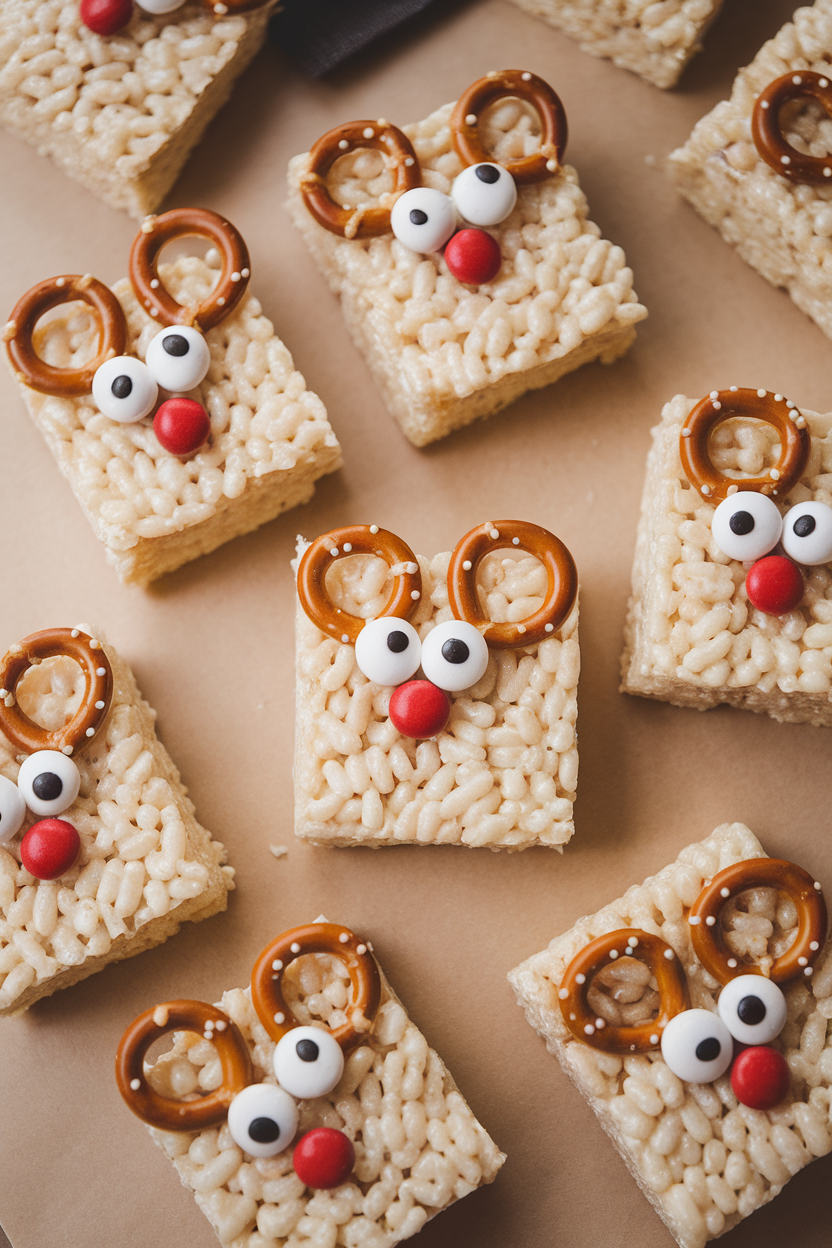 An indoor kitchen table with cut-out rice krispie squares decorated with pretzel antlers and candy eyes to resemble reindeer faces, overhead lighting. No text or logos, photo only.