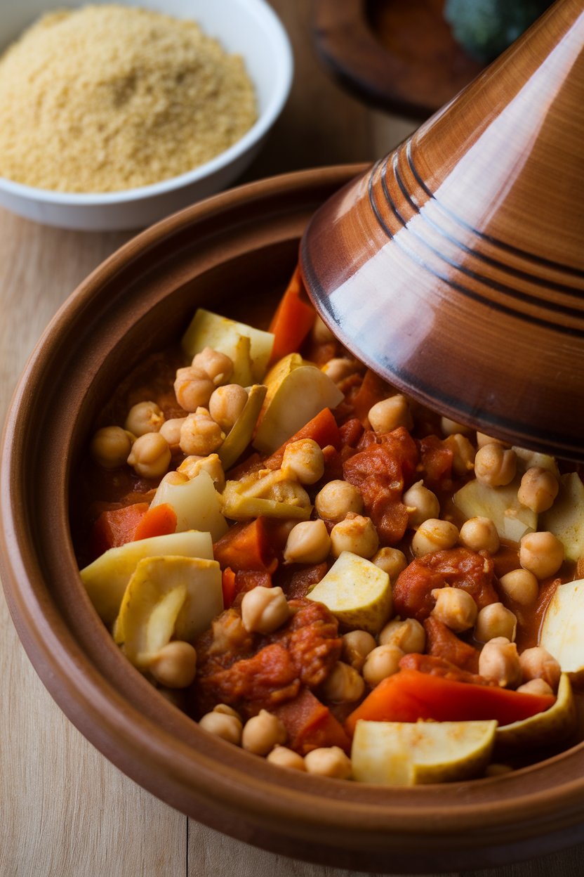 An indoor tagine pot brimming with cooked root vegetables and chickpeas in a spiced tomato sauce, couscous served alongside. No logos or text.