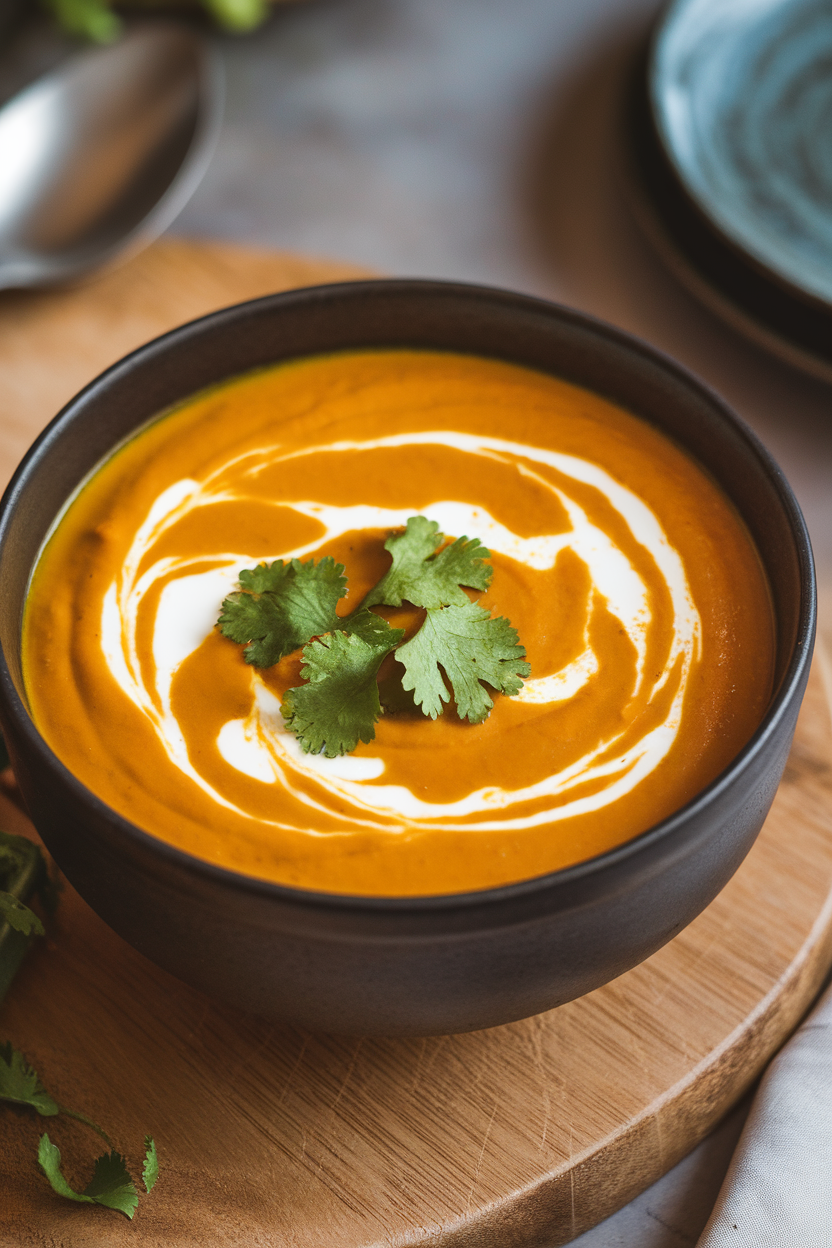Indoor photo of a bowl of creamy pumpkin soup swirled with coconut milk and garnished with cilantro. No text or logos.