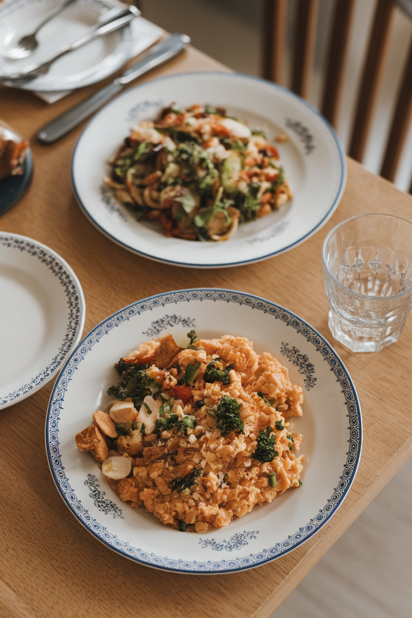 An indoor dining table with two plates—one properly portioned and one overfilled—shown from above for comparison. No text or logos. Photo, not illustration.
