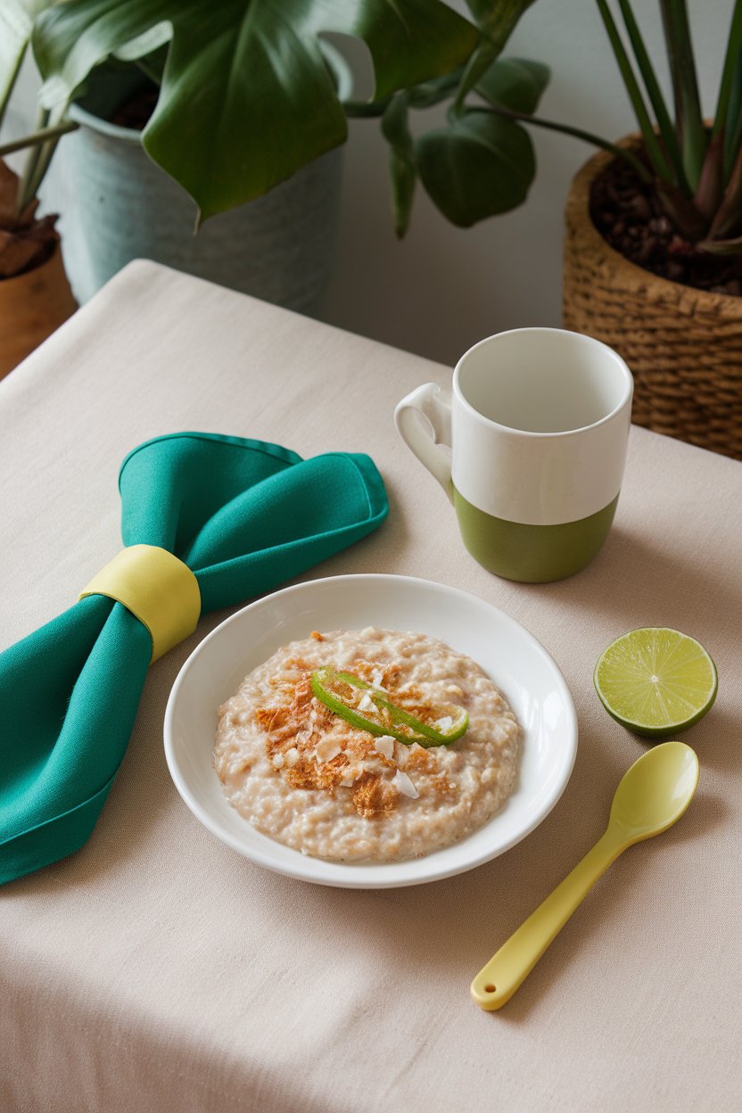 Indoor tropical-inspired table setting featuring oatmeal topped with lime zest and toasted coconut flakes. No text or logos. Photo.