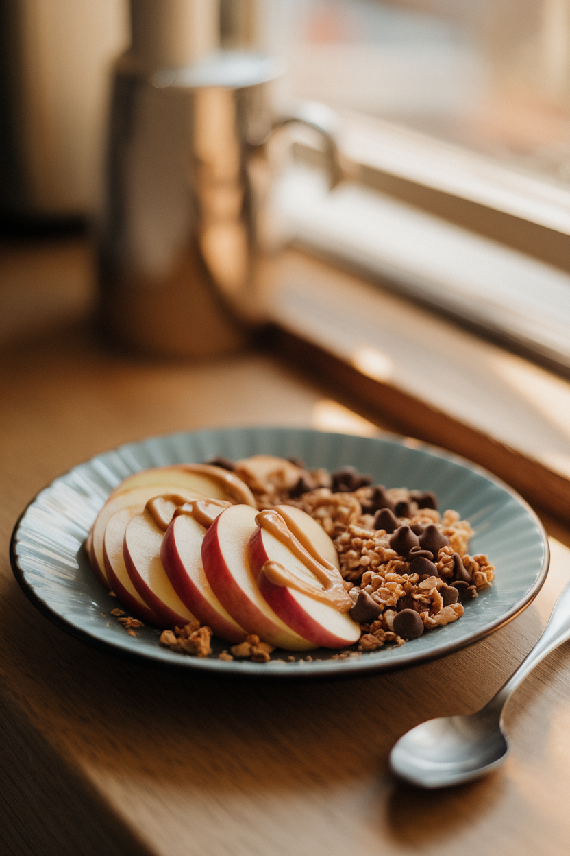 An indoor plate of thin apple slices drizzled with almond butter and sprinkled with granola and mini chocolate chips; afternoon light, no text or logos, photo not illustration.