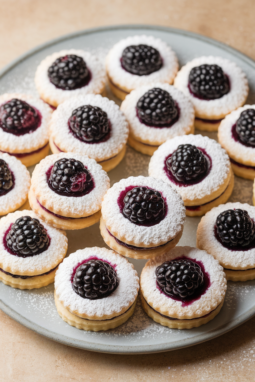Indoor plate featuring pale butter cookies filled with deep purple blackberry jam, powdered sugar lightly dusted. Photo, no text or logos.
