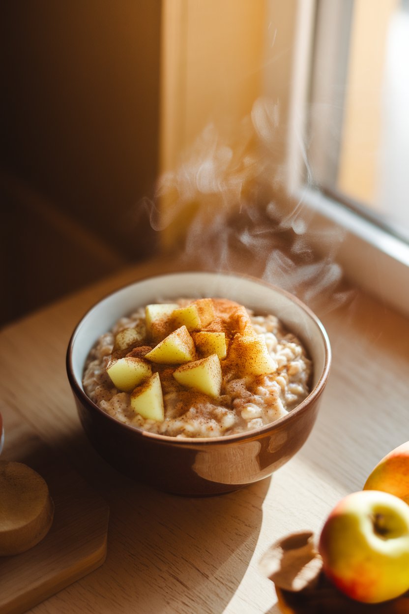 An indoor breakfast nook with a steaming bowl of apple-cinnamon oatmeal topped with diced apples and a dusting of ground cinnamon, shot from a slight overhead angle. Warm morning light, no text or logos anywhere. Photo, not illustration.