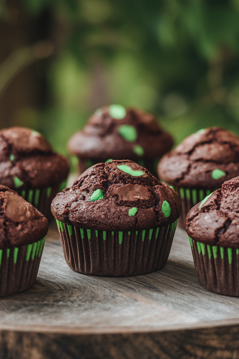 Indoor photo of rich chocolate muffins with green flecks barely visible, no text or logos