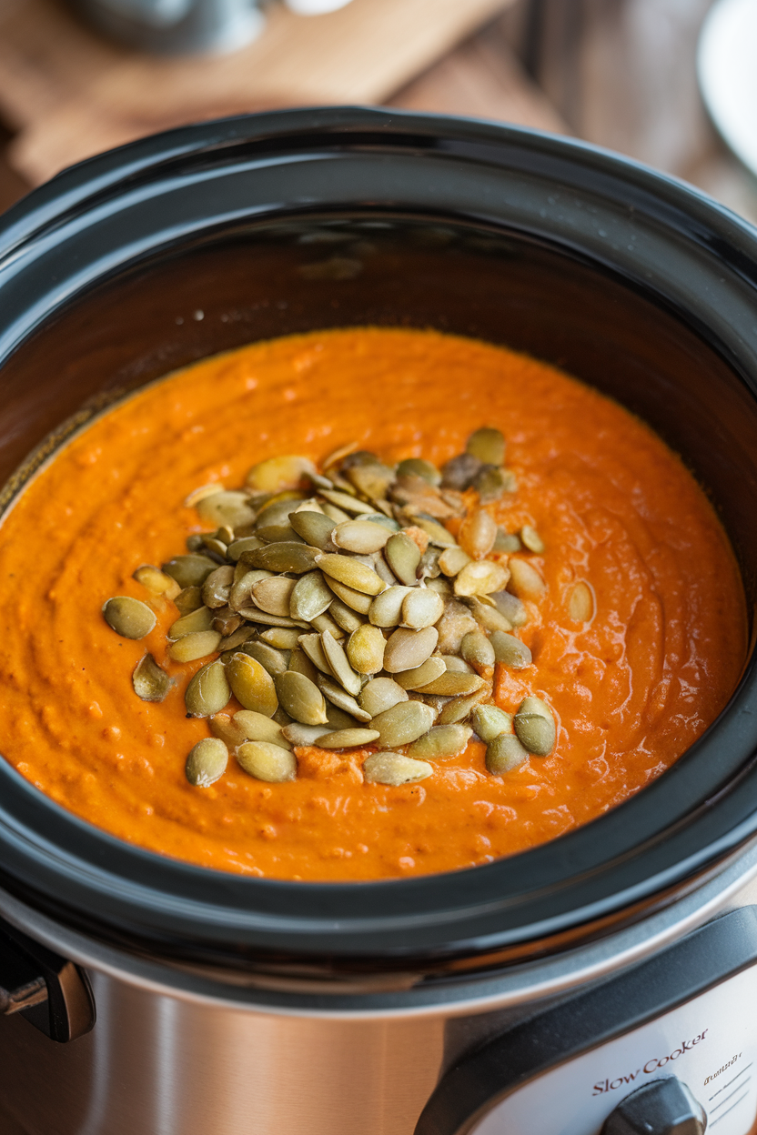 Indoor photo of thick orange soup with red lentils in a slow cooker, pumpkin seeds sprinkled on top, no text or logos.