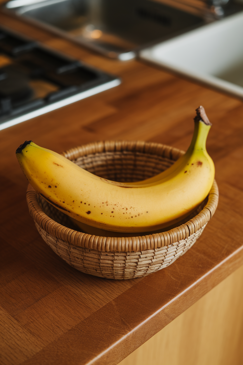 An indoor fruit basket on a kitchen island holding ripe yellow bananas with a few faint brown speckles, warm overhead lighting, no text or logos.