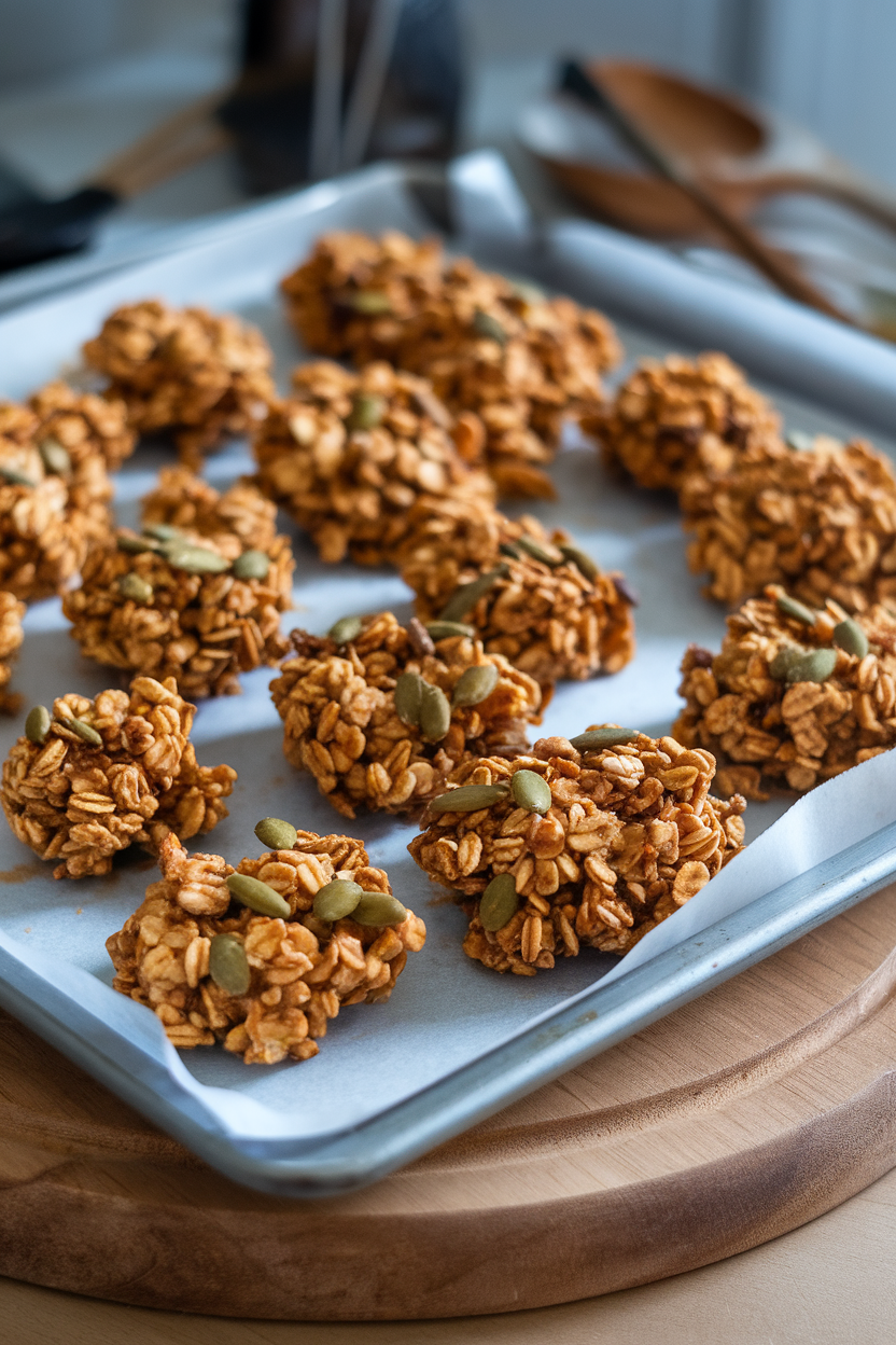 Baking sheet indoors with large clumps of pumpkin spice granola cooling, scattered pumpkin seeds visible, no text or logos.