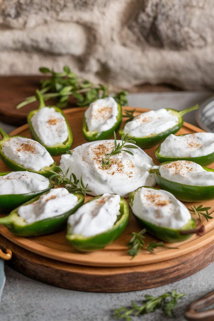 An indoor platter of halved jalapeños stuffed with herbed Greek yogurt, lightly baked—photo, no text or logos.