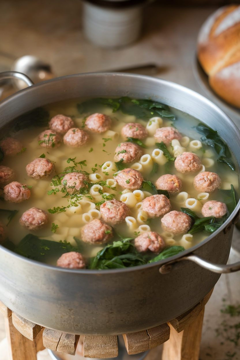 Indoor soup pot brimming with mini meatballs, greens, and acini di pepe pasta in a clear broth. No logos visible. Photo.