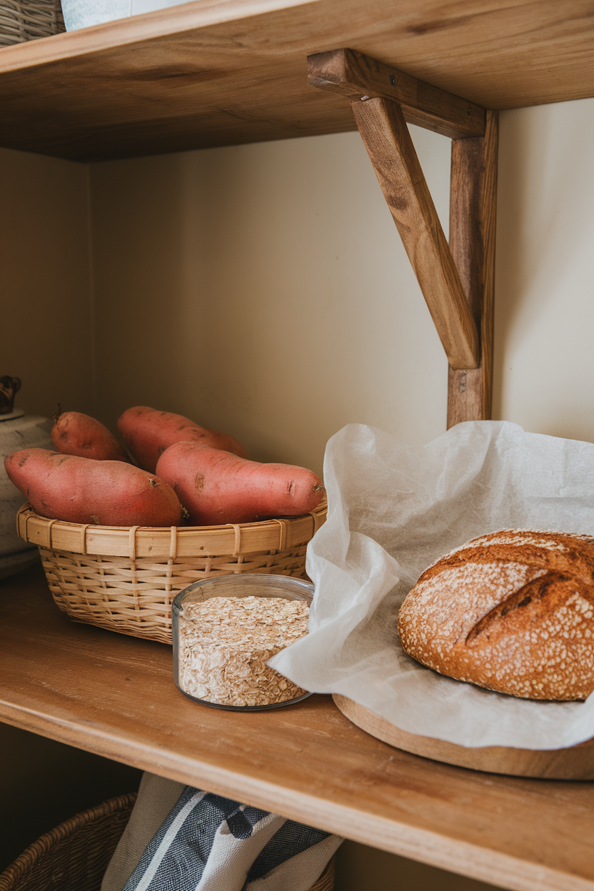 Photo prompt: An indoor pantry shelf with sweet potatoes, oats, and whole-grain bread in plain paper wrap, no logos present.