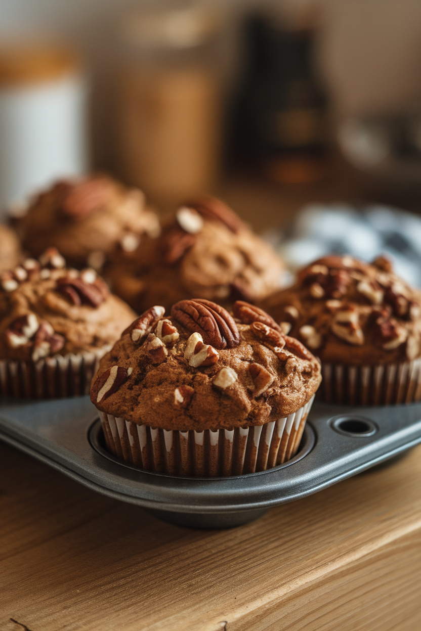 Indoor photo of banana nut muffins with espresso powder and chopped pecans, cozy indoor lighting, no text or logos