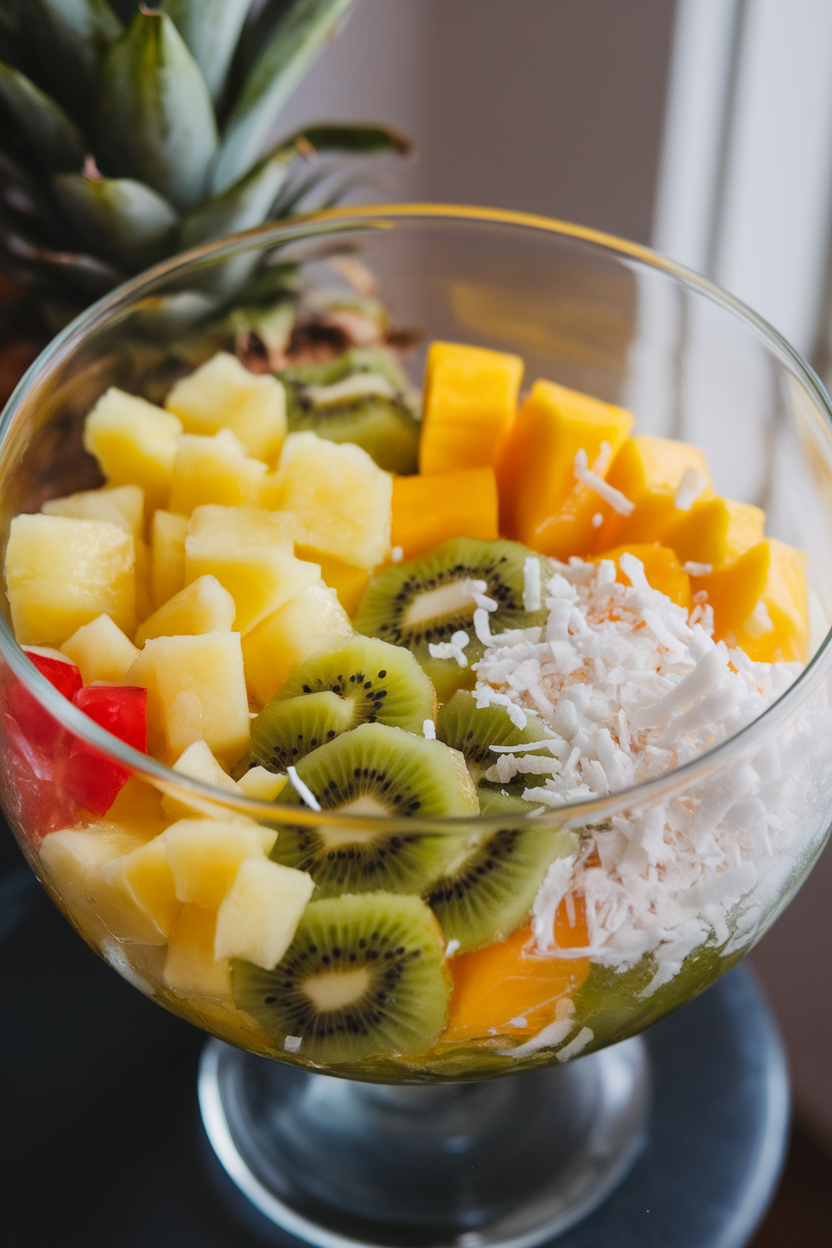 A clear glass bowl indoors displaying diced pineapple, mango, kiwi, and shredded coconut, glistening with lime syrup, no text or logos.