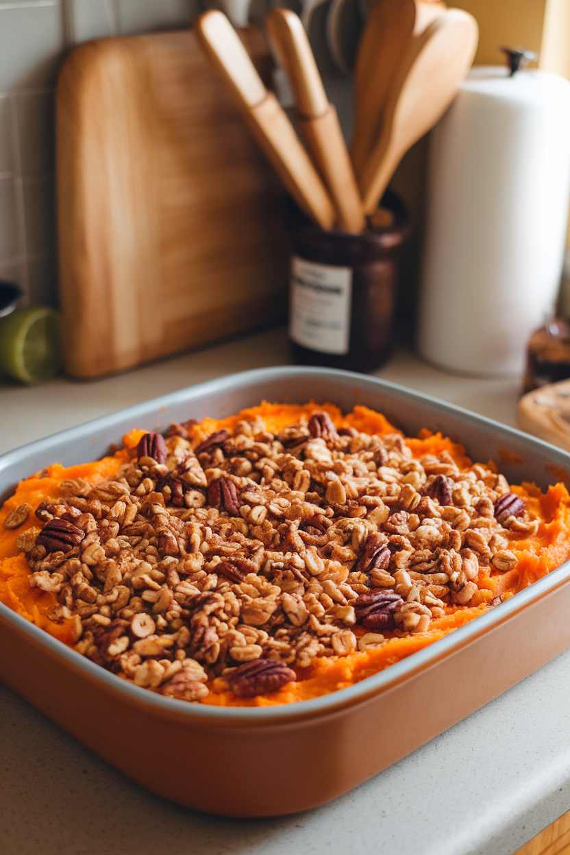 A baking dish of mashed sweet potatoes crowned with golden oat-pecan crumble, on an indoor kitchen counter. No text or logos.