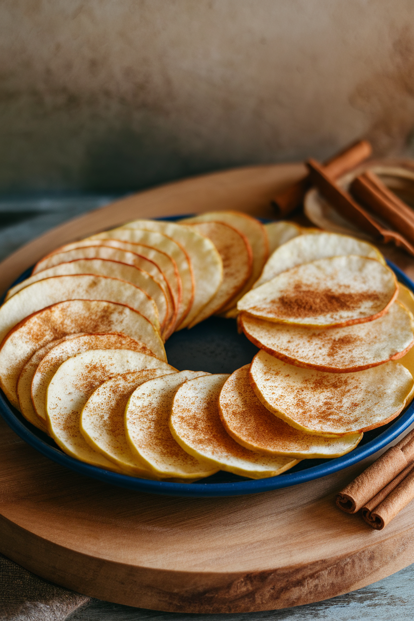 Indoor photo of a plate of thin, crispy baked apple chips dusted with cinnamon; no text or logos.
