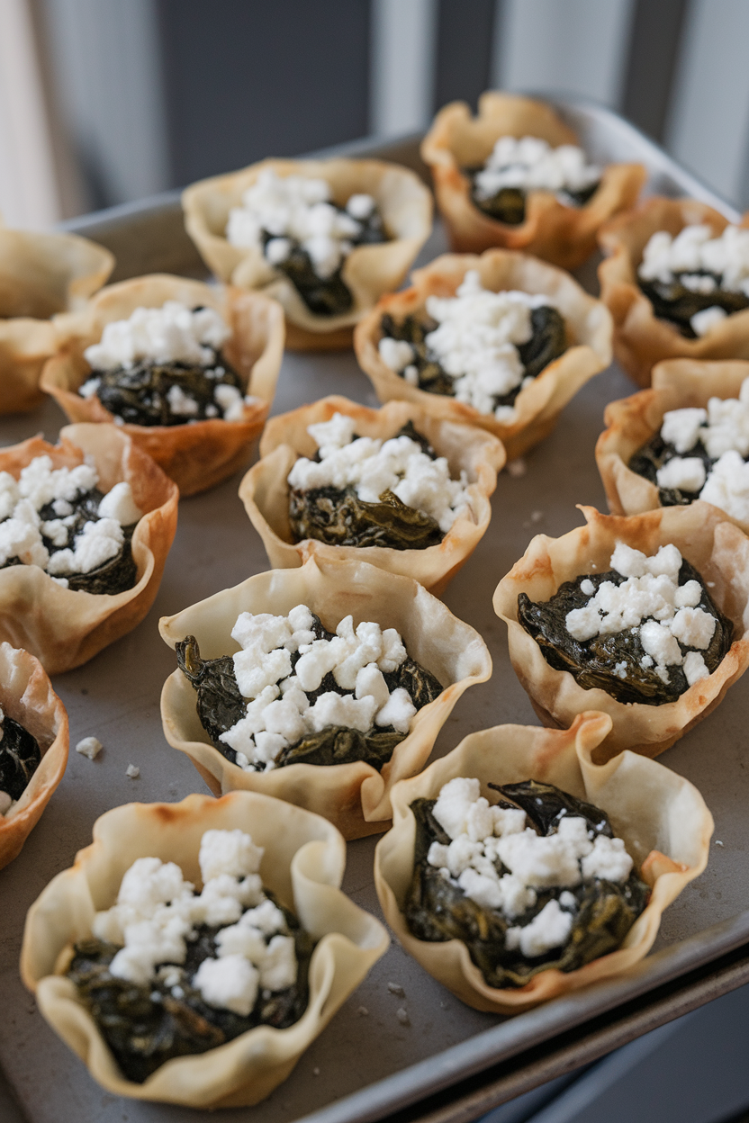 Tray indoors with crispy phyllo cups filled with spinach and crumbled feta, lightly browned tops, no logos or text in scene.