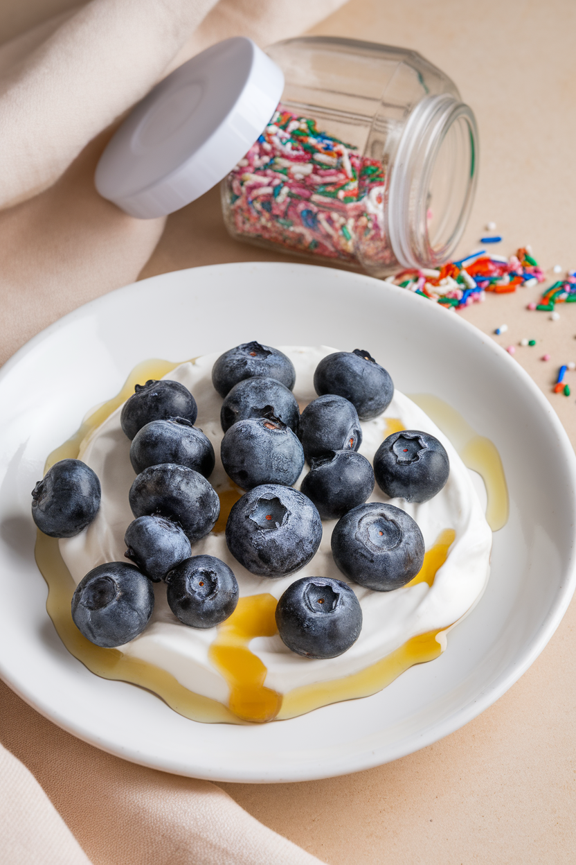 Indoor photo of plain yogurt topped with fresh blueberries and a drizzle of honey beside a jar of candy sprinkles pushed to the back, no text or logos